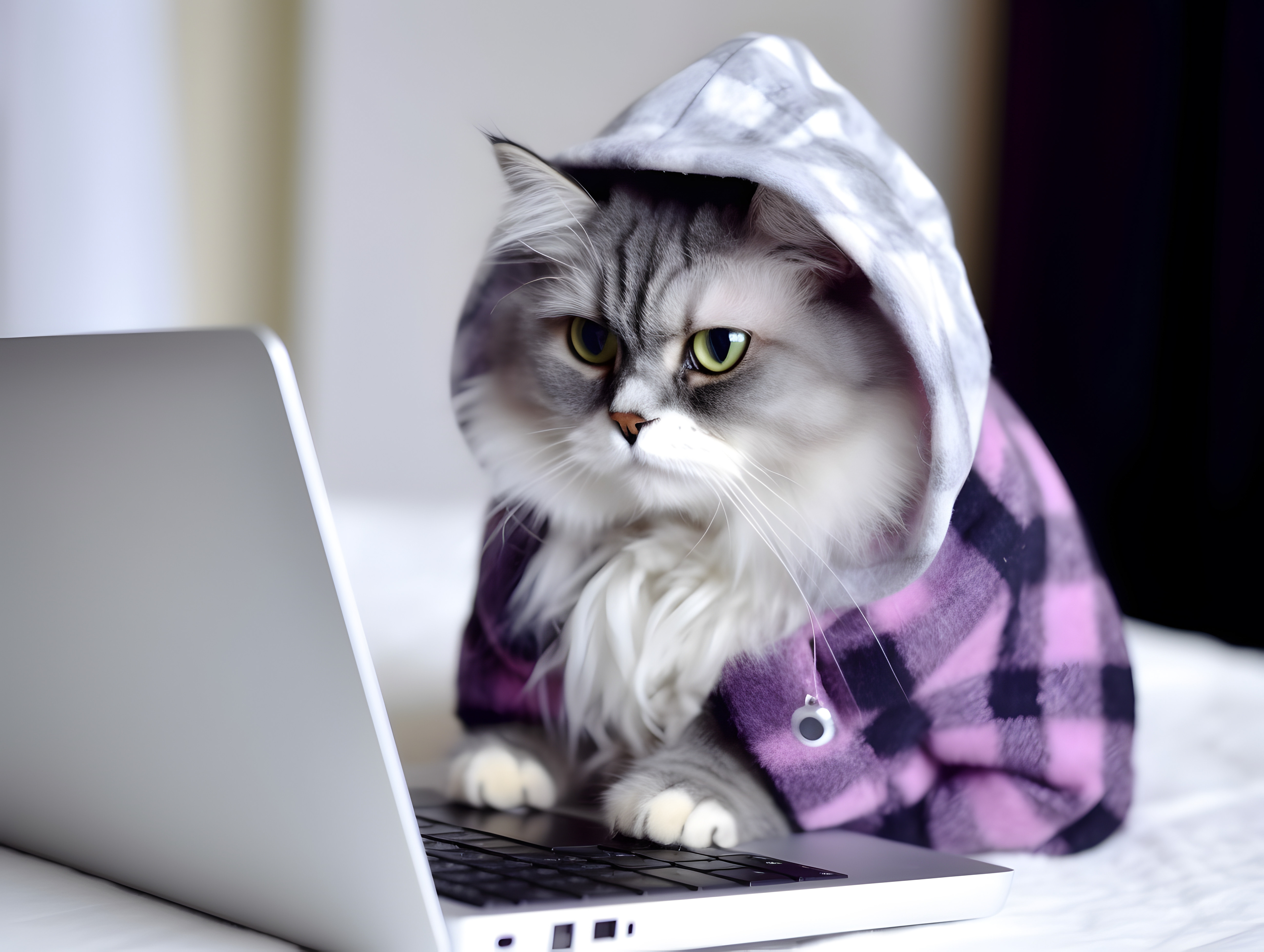A cute cat hard at work on a laptop